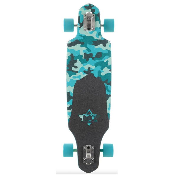 A DUSTERS CHANNEL DRAGONFLY 34" LONGBOARD TEAL with a blue camouflage print.