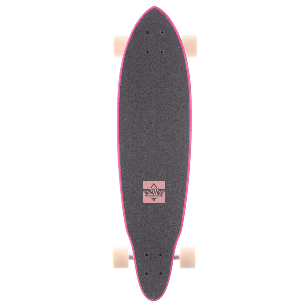A DUSTERS skateboard with a pink handle and black wheels.