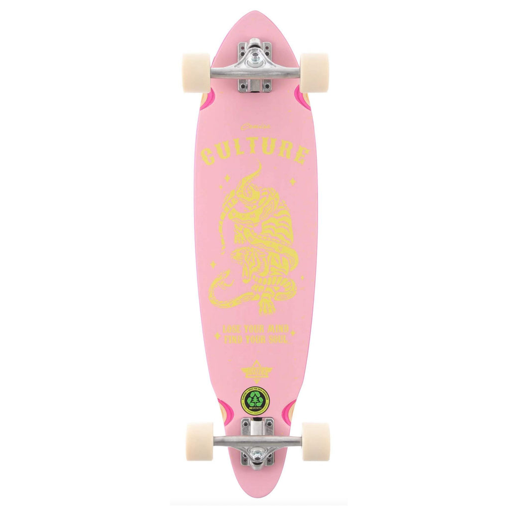 A DUSTERS CULTURE 33" LONGBOARD PINK/YELLOW with a dragon on it.