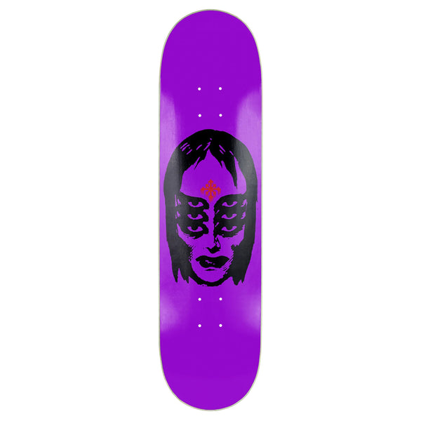 A Disorder skateboard with a woman's face on it, showcasing the artistic creation by Clive Dixon.