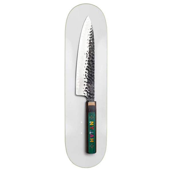 A skateboard with a Disorder NYJAH TEAM KNIFE.