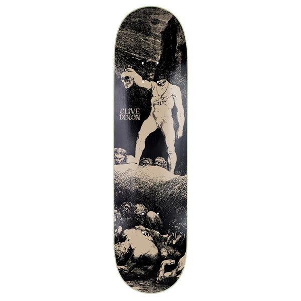 A skateboard deck with an image of a man on a skateboard manufactured by Disorder CLIVE WOE'S ME.