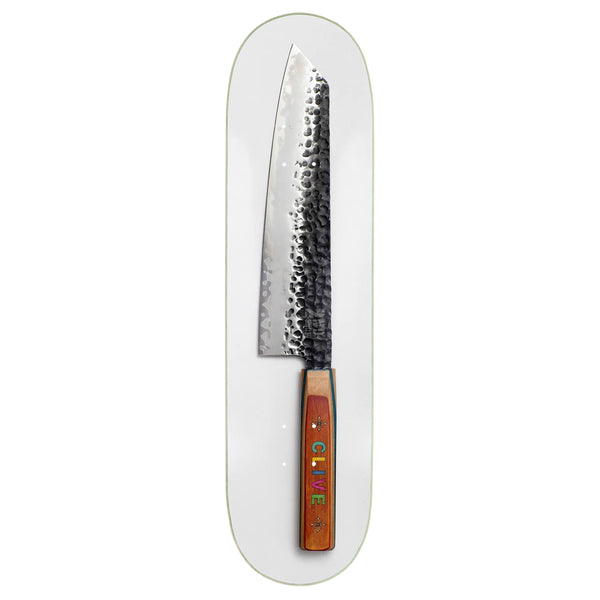 A Disorder skateboard with the Disorder Clive Team Knife on it.