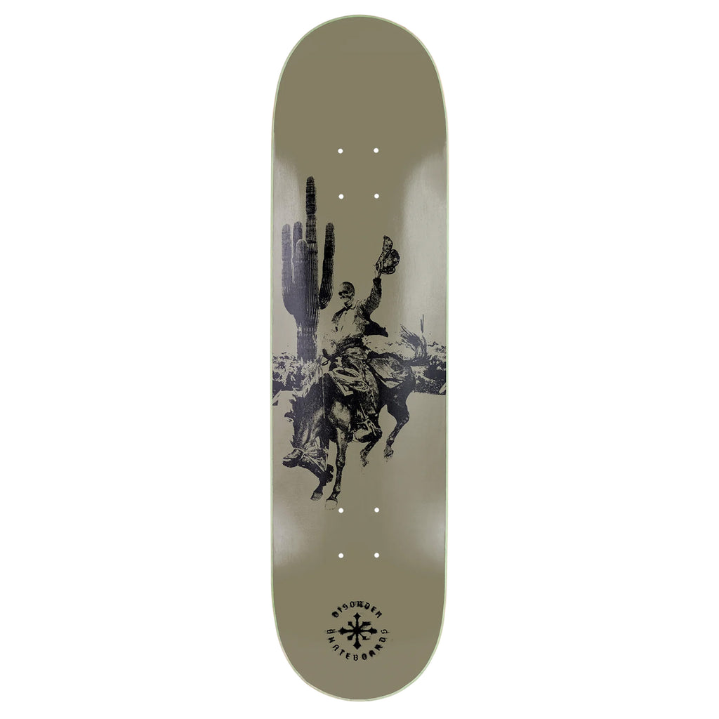 A skateboard deck with an image of a cowboy riding a horse, created by Disorder Skateboards.
Revised Sentence: A DISORDER DEATH RIDE skateboard deck with an image of a cowboy riding a horse, created by Disorder.