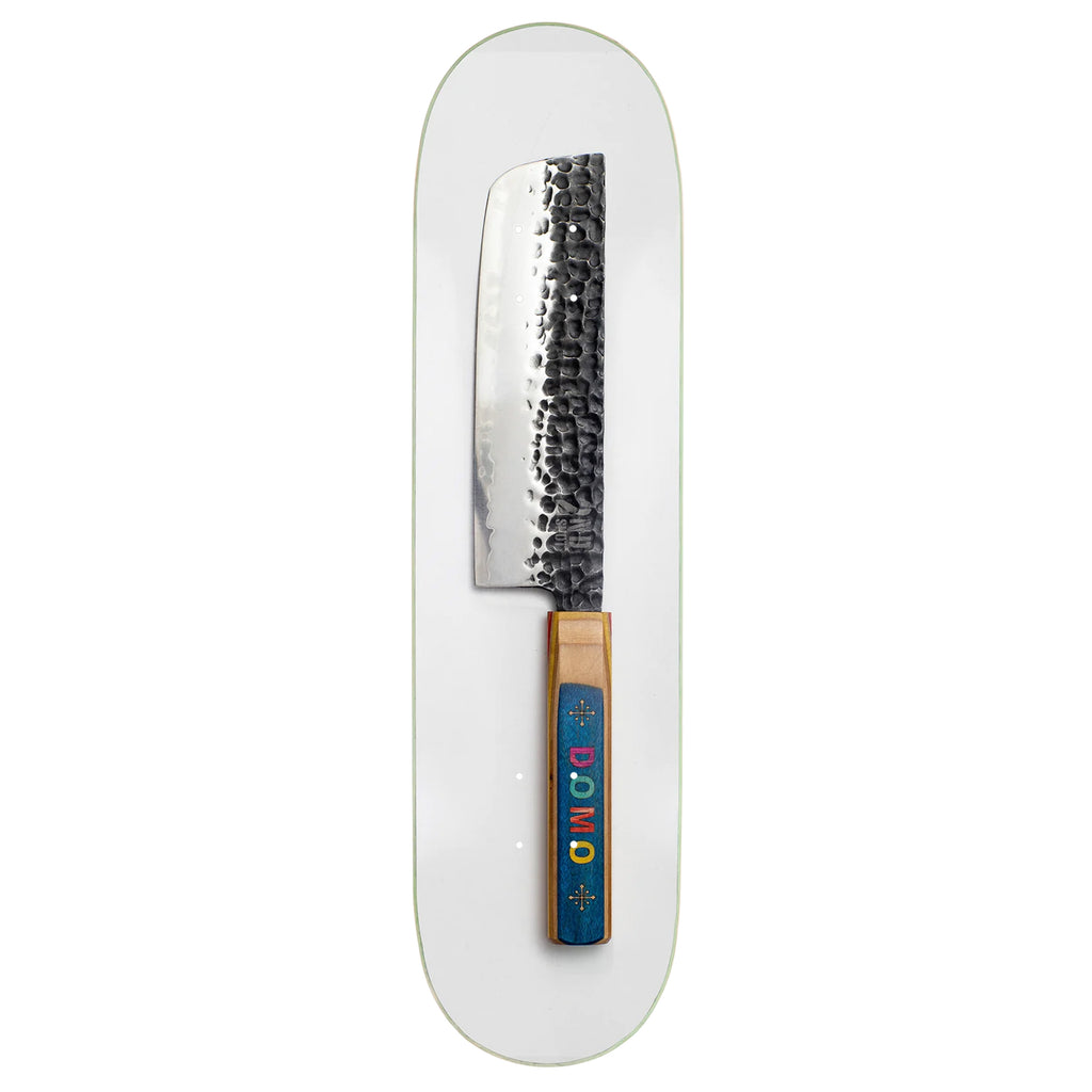 A skateboard with the Disorder PS Stix knife designs from the Disorder DOMO TEAM brand.
