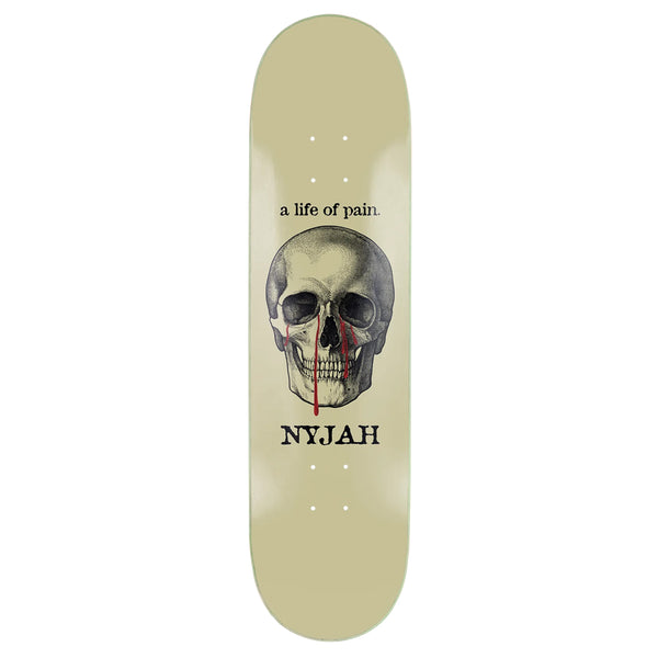 A skateboard with a skull and blood on it, depicting the gritty and rebellious Disorder NYJAH LIFE OF PAIN lifestyle of pain and disorder.