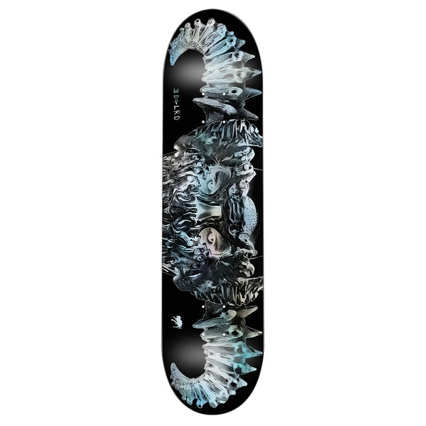 The EDGLRD DMN skateboard deck by EDGLRD is crafted from North American Hard Rock Maple, finished in black with a symmetrical grey and blue design featuring stylized animal skulls and horns.