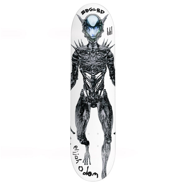 The EDGLRD ELIJAH ODOM FLEXRX skateboard deck by EDGLRD features 7-ply hard rock maple, a black-and-white humanoid alien with a blue glowing face, handwritten "Elijah Odom," "Ziglord," and subtle branding.