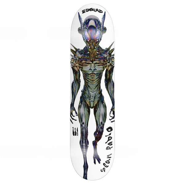The EDGLRD SEAN PABLO FLEXRX skateboard deck by EDGLRD features a metallic, insect-like humanoid alien illustration on a white background, with "Sean Pablo" and "EDGELAND" text.