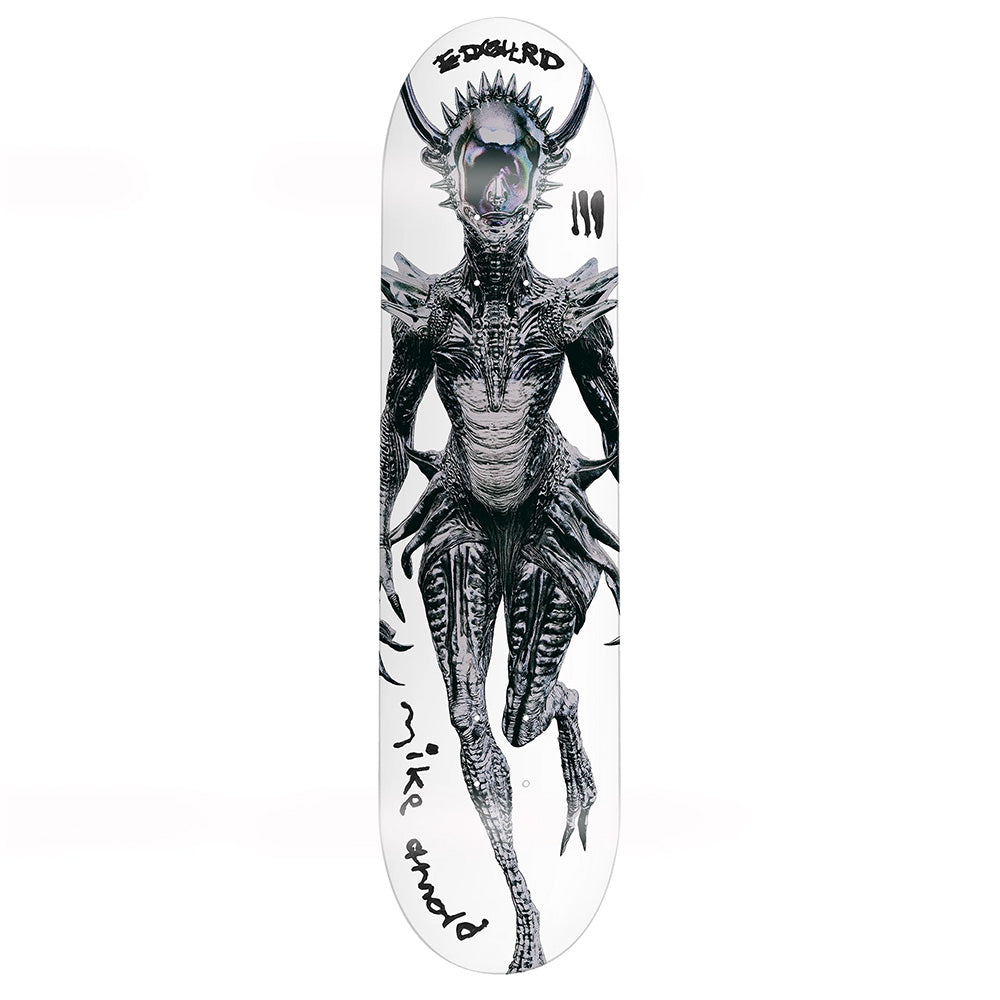 The EDGLRD MIKE ARNOLD FLEXRX skateboard deck by EDGLRD showcases black and white alien-like artwork with horns, sharp details, stylized text, signatures, and is crafted from durable Hard Rock Maple.