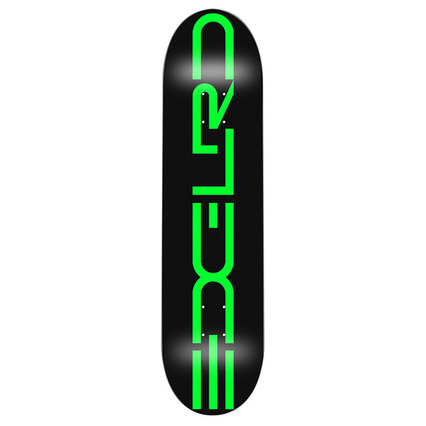 The EDGLRD TECH SCRIPT BLACK / GREEN skateboard deck by EDGLRD is made from North American Hard Rock Maple and showcases a bold neon green geometric design with stylized vertical script.
