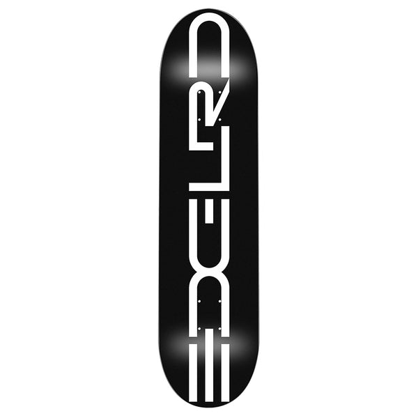 The EDGLRD TECH SCRIPT BLACK / WHITE skateboard deck by EDGLRD is made from 7-ply North American Hard Rock Maple and features bold, vertical white "EDGELRD" lettering on a black background.