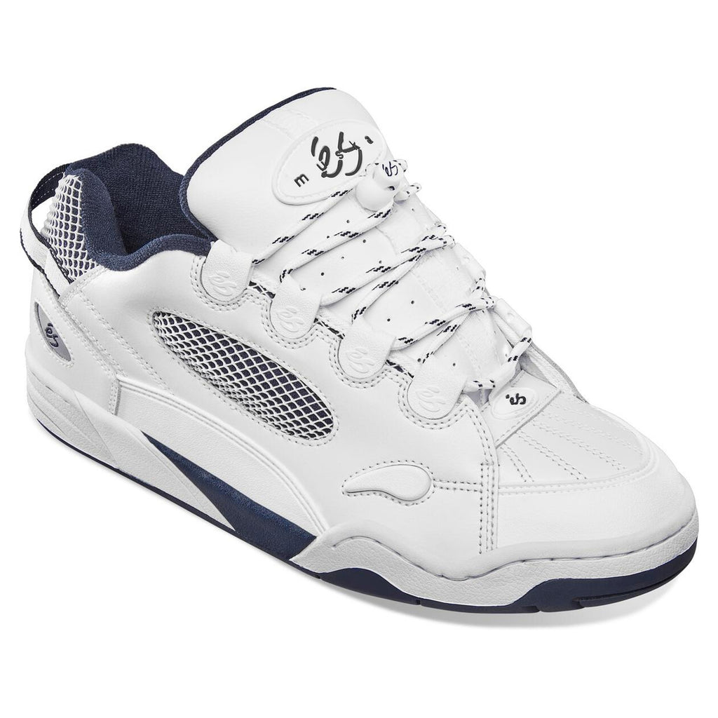 A durable and supportive ES THE MUSKA WHITE skateboarding shoe in white and navy.