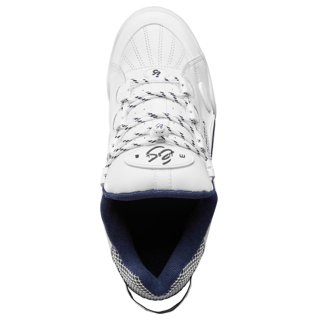 The top view of a white and navy ES THE MUSKA skateboarding shoe, known for its durability and support.