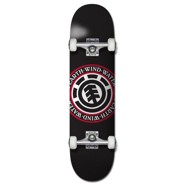 A skateboard, specifically the ELEMENT SEAL COMPLETE, with a black deck and a circular logo in the center featuring the text "earth wind water" around a stylized element symbol, designed.