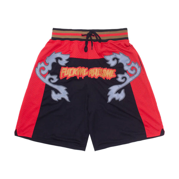 A FUCKING AWESOME Muay Thai basketball shorts in red and black with grey design on it.