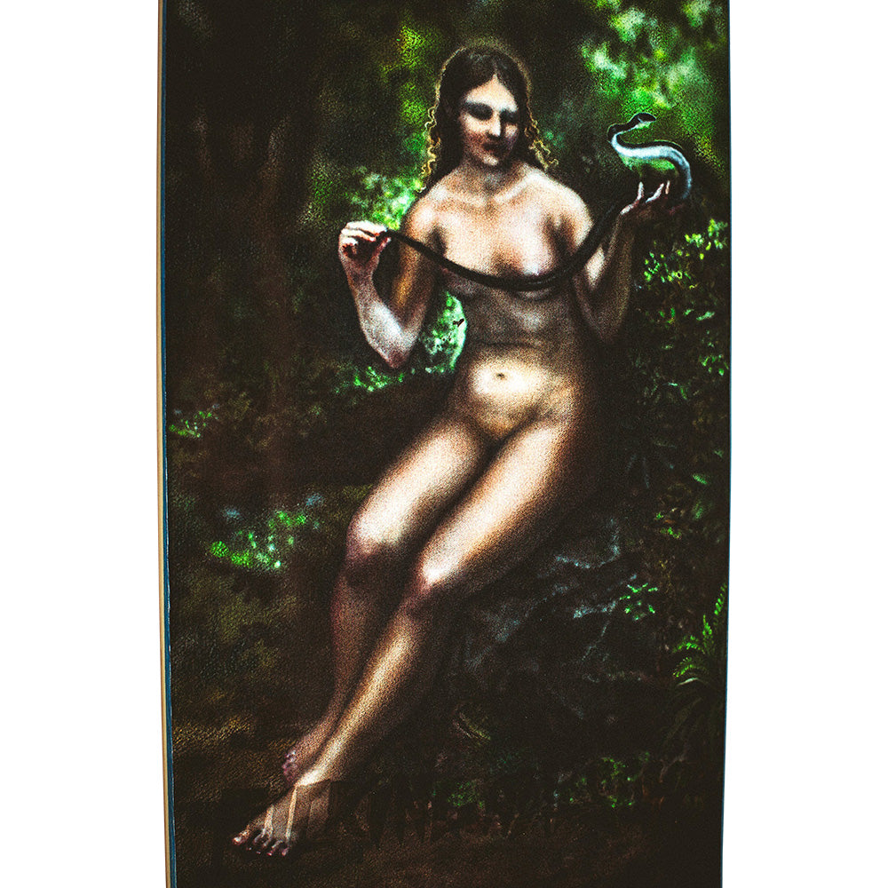 The FUCKING AWESOME AVE WOMAN WITH SNAKE skateboard features a painting of a nude woman with a snake, surrounded by lush green foliage, on an original shaped board from FUCKING AWESOME.