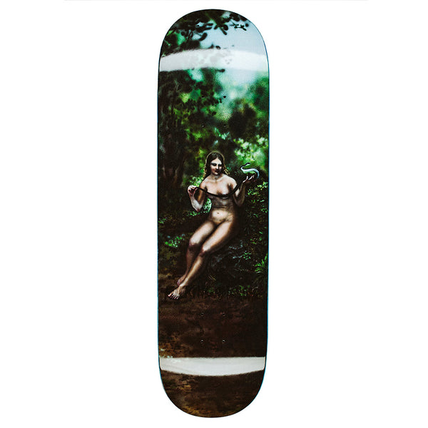 The FUCKING AWESOME AVE WOMAN WITH SNAKE skateboard deck by FUCKING AWESOME features artwork of a nude figure with a snake in a lush forest on an original shaped board.