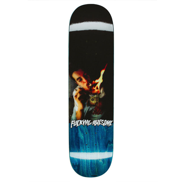 The FUCKING AWESOME GINO 1993 skateboard deck by FUCKING AWESOME features a photo of someone holding a lighter with a flame and bold white "FUCKING AWESOME" text at the bottom, inspired by GINO 1993.