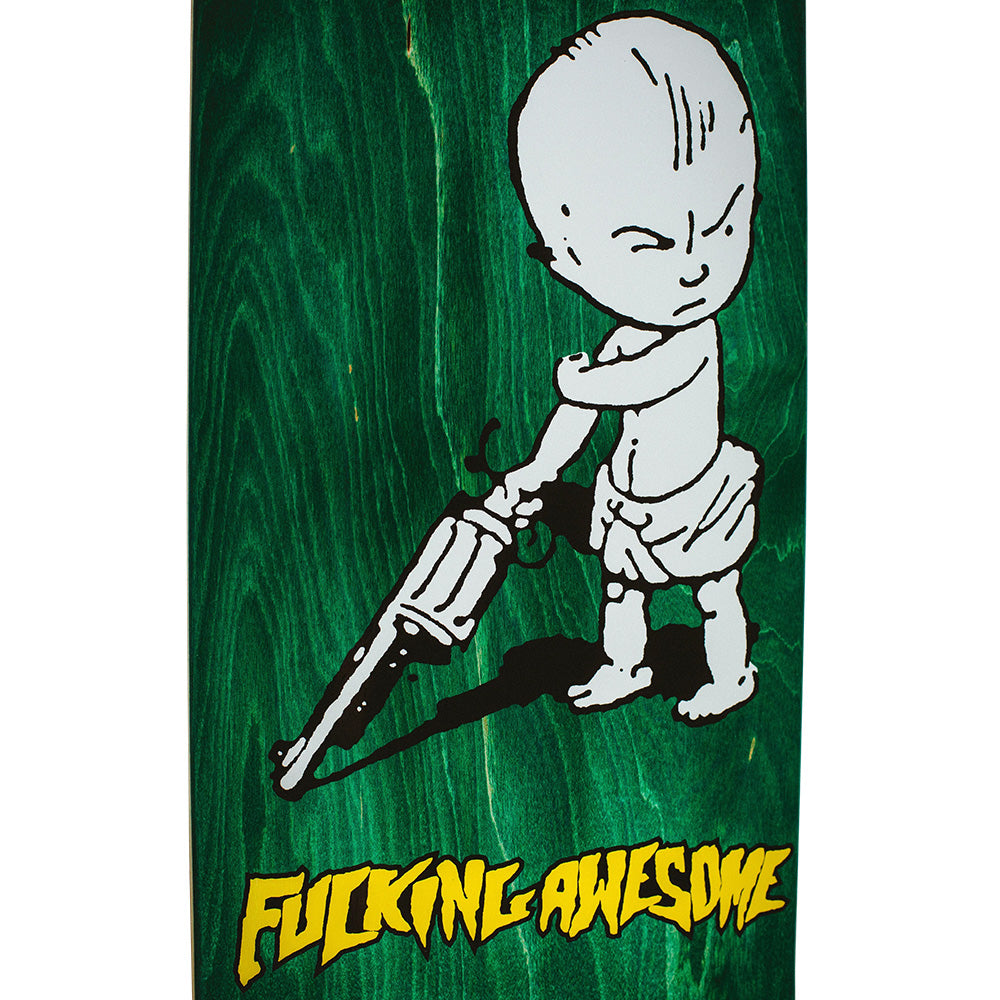 The FUCKING AWESOME GUN BABY by FUCKING AWESOME features a cartoon baby with a large revolver on a green background, paired with bold yellow "FUCKING AWESOME" text for an edgy skateboard-inspired look.