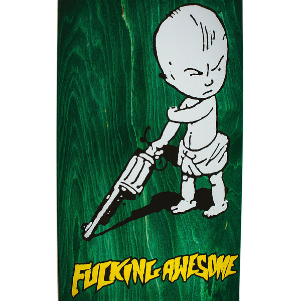 The FUCKING AWESOME GUN BABY by FUCKING AWESOME features a cartoon baby with a large revolver on a green background, paired with bold yellow "FUCKING AWESOME" text for an edgy skateboard-inspired look.