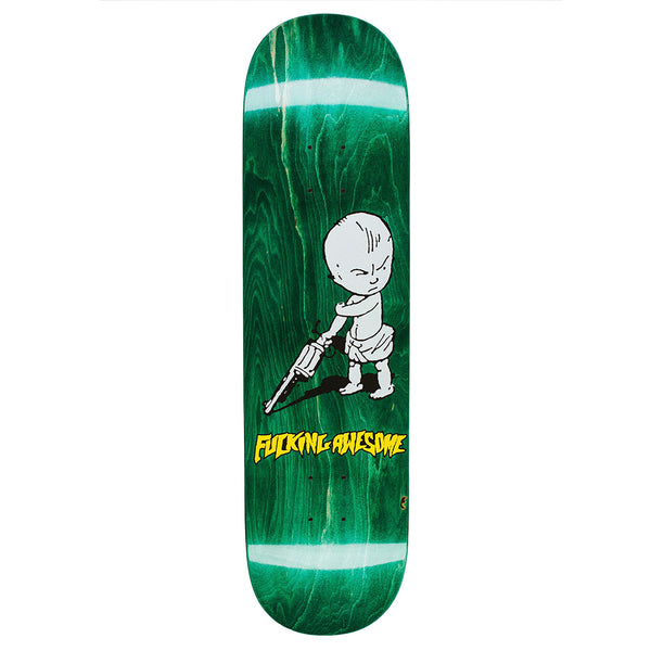The FUCKING AWESOME GUN BABY skateboard deck features a green design with a cartoon GUN BABY holding a power drill and bold yellow "FUCKING AWESOME" text below the illustration.