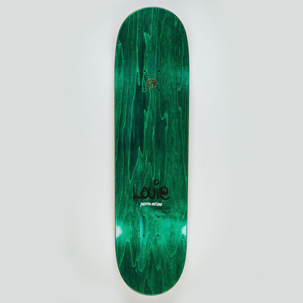 The FUCKING AWESOME LOUIE TERROR NOVA is a green skateboard deck with a wood grain pattern and "Louis," "Primitive Skate," and Louie Terror graphics near the bottom center.