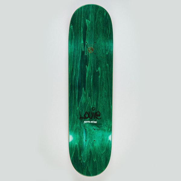 The FUCKING AWESOME LOUIE TERROR NOVA is a green skateboard deck with a wood grain pattern and "Louis," "Primitive Skate," and Louie Terror graphics near the bottom center.
