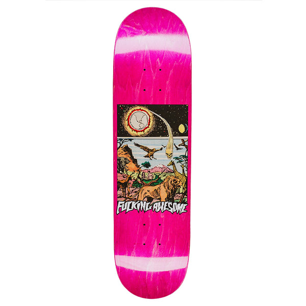 The FUCKING AWESOME LOUIE TERROR NOVA skateboard deck in pink features Louie Terror's artwork of birds over a landscape and bold FUCKING AWESOME branding at the bottom.