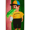The FUCKING AWESOME WANTO THROW UP MAN doll by FUCKING AWESOME wears a yellow shirt and black pants, features a cast, green slime from its mouth, and comes with an 8.18 x 31.73 skateboard deck at its feet against a colorful background.