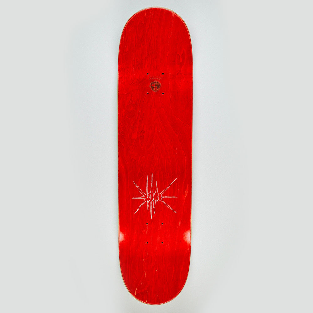 A FUCKING AWESOME WANTO THROW UP MAN 8.18 x 31.73 skateboard deck in red with a white abstract graphic, by FUCKING AWESOME, displayed against a plain light gray background.