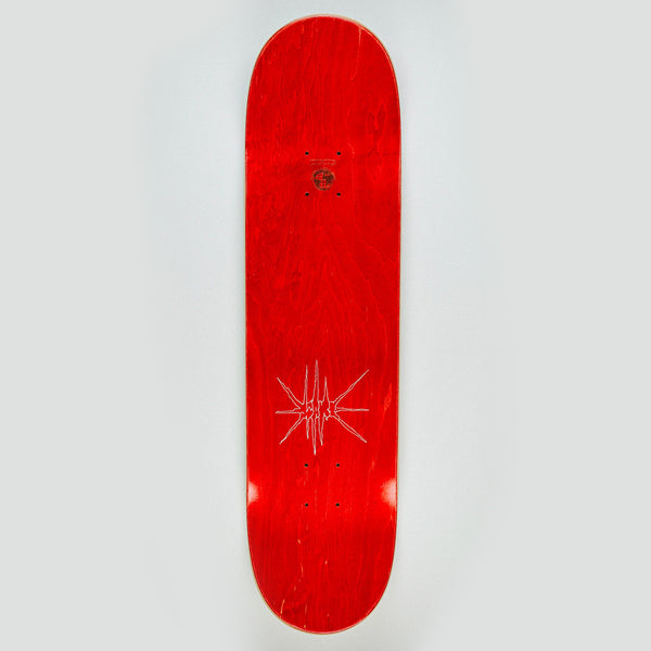 A FUCKING AWESOME WANTO THROW UP MAN 8.18 x 31.73 skateboard deck in red with a white abstract graphic, by FUCKING AWESOME, displayed against a plain light gray background.
