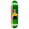The FUCKING AWESOME WANTO THROW UP MAN skateboard deck by FUCKING AWESOME features a split pink and green design with an illustrated doll in a yellow shirt and cap, spewing green goo from its mouth.