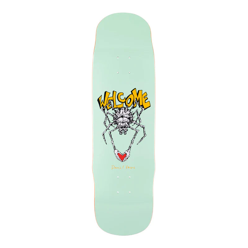 A skateboard deck featuring the WELCOME VARGAS SPIDER ON EFFIGY design by Welcome.