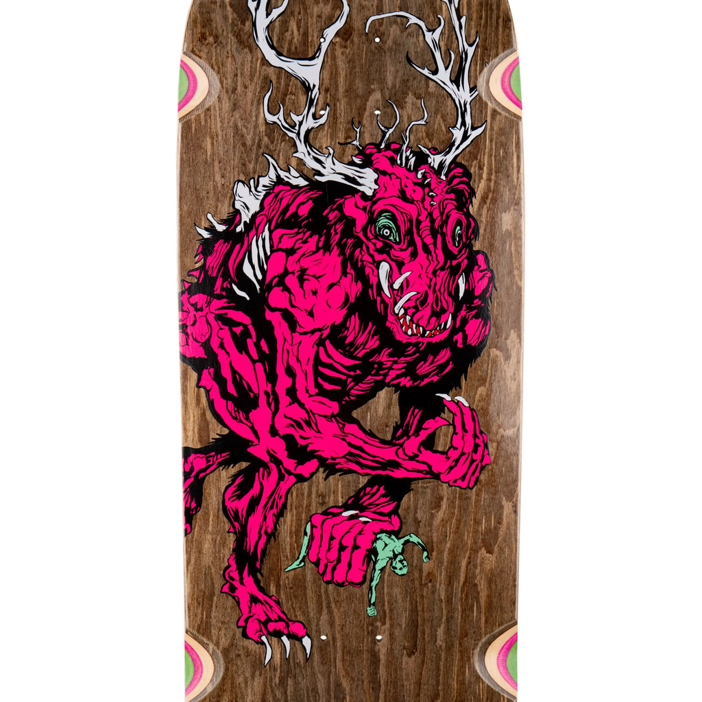 A Welcome skateboard featuring a demon image.