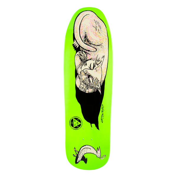 A WELCOME SLEEPING CAT ON GAIA skateboard with a neon pink wheelbase.