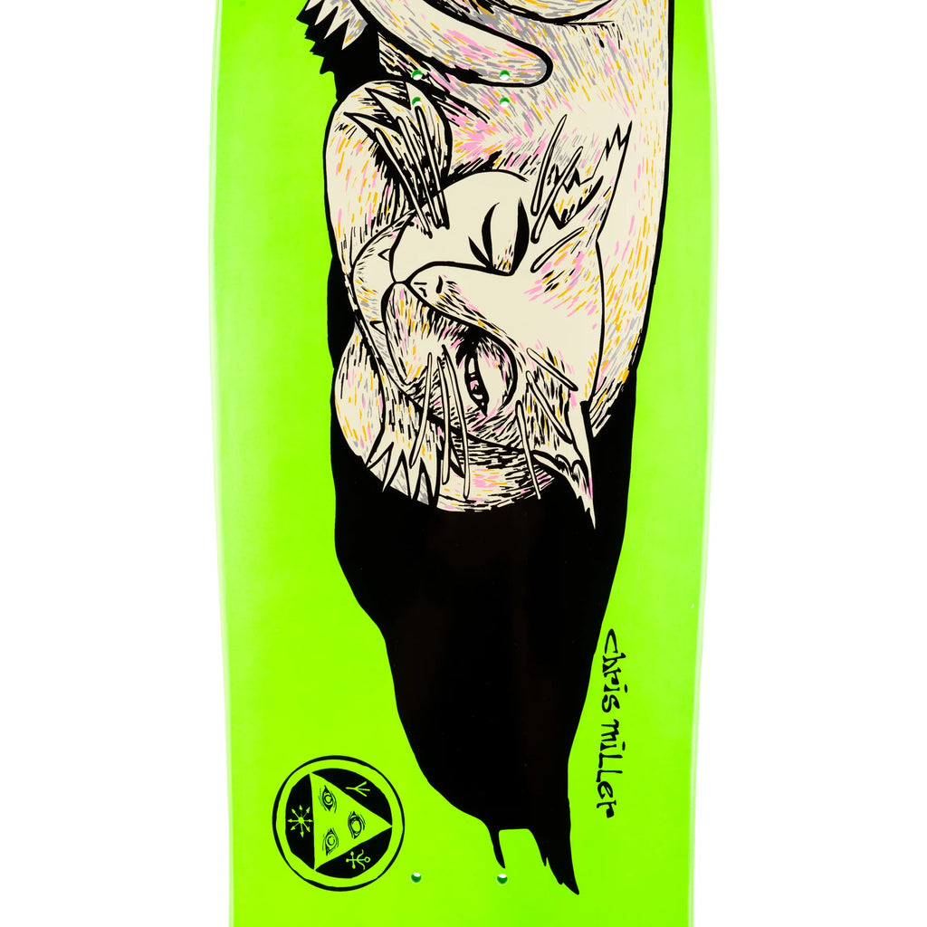 A skateboard with a Welcome Sleeping Cat on Gaia drawing of a cat on it.