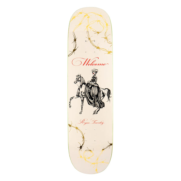 A Welcome Townley Cowgirl on Enenra skateboard featuring a Prismatic foil image of a woman riding a horse.