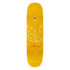 A yellow WELCOME skateboard with a prismatic foil design on it.