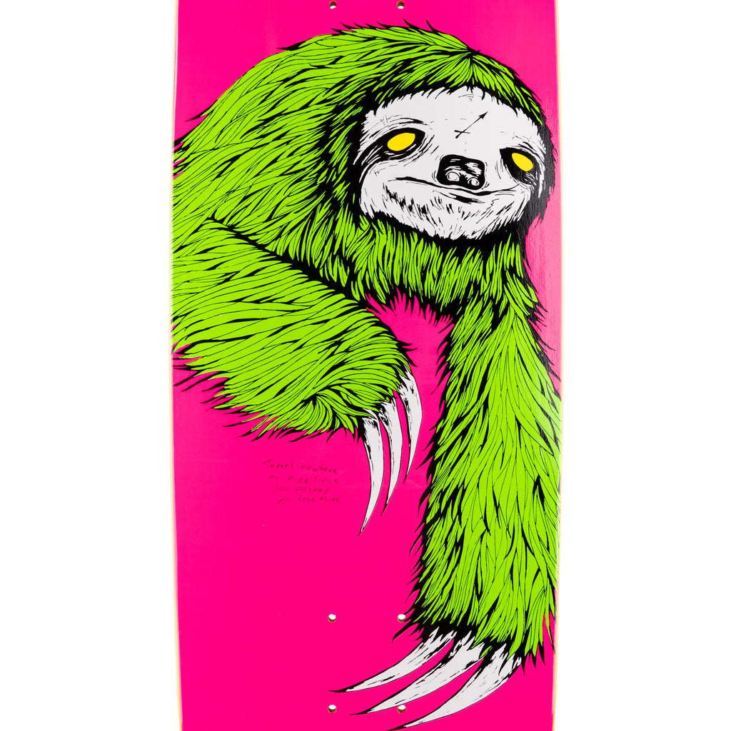 A WELCOME skateboard with a sloth on it, featuring a neon green dip.