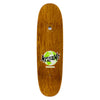 A Welcome skateboard with a green logo on its wheelbase.