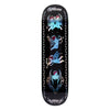 A Welcome skateboard deck with a black background and a blue design featuring prismatic foil.