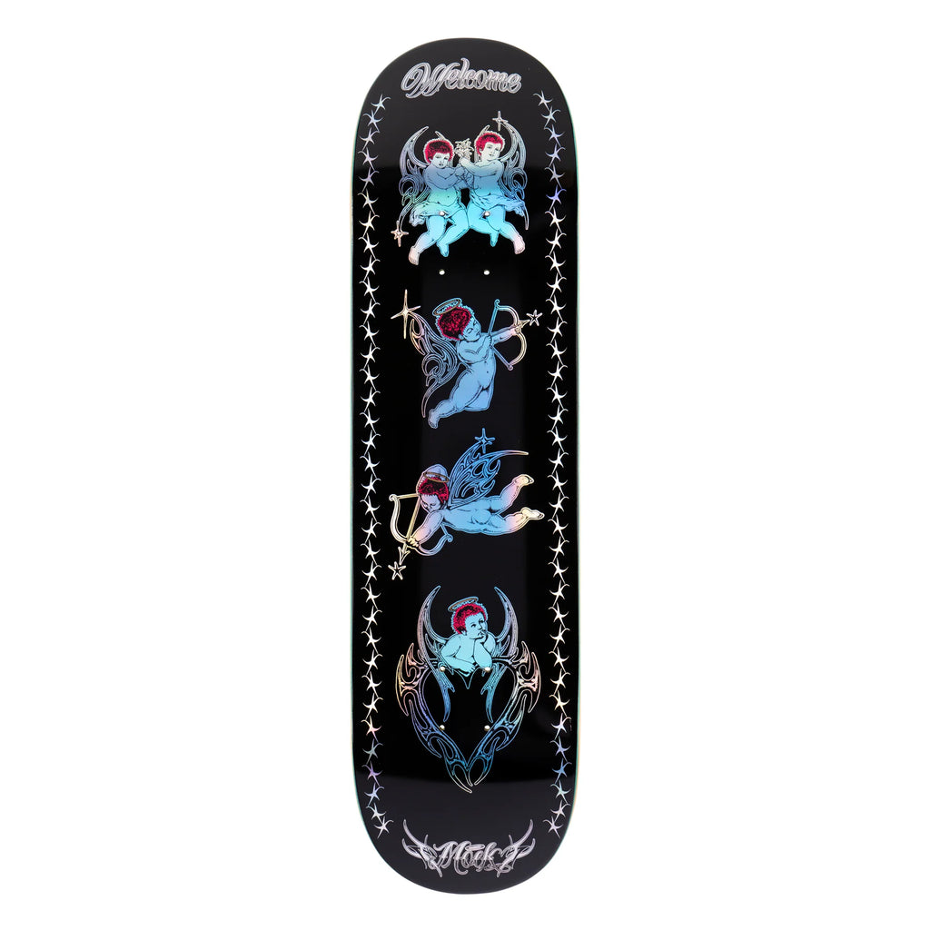 A Welcome skateboard deck with a black background and a blue design featuring prismatic foil.