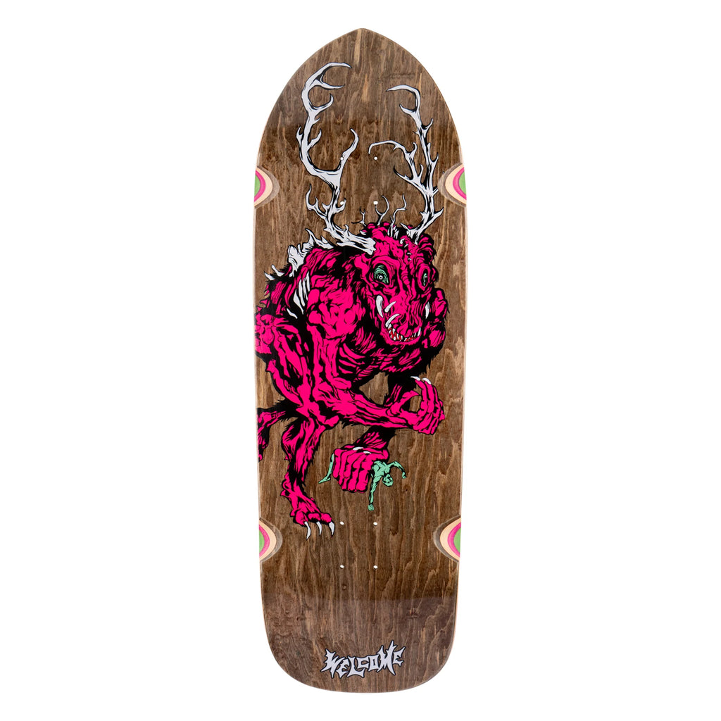 A WELCOME skateboard with a pink deer on it, featuring an egg shape.