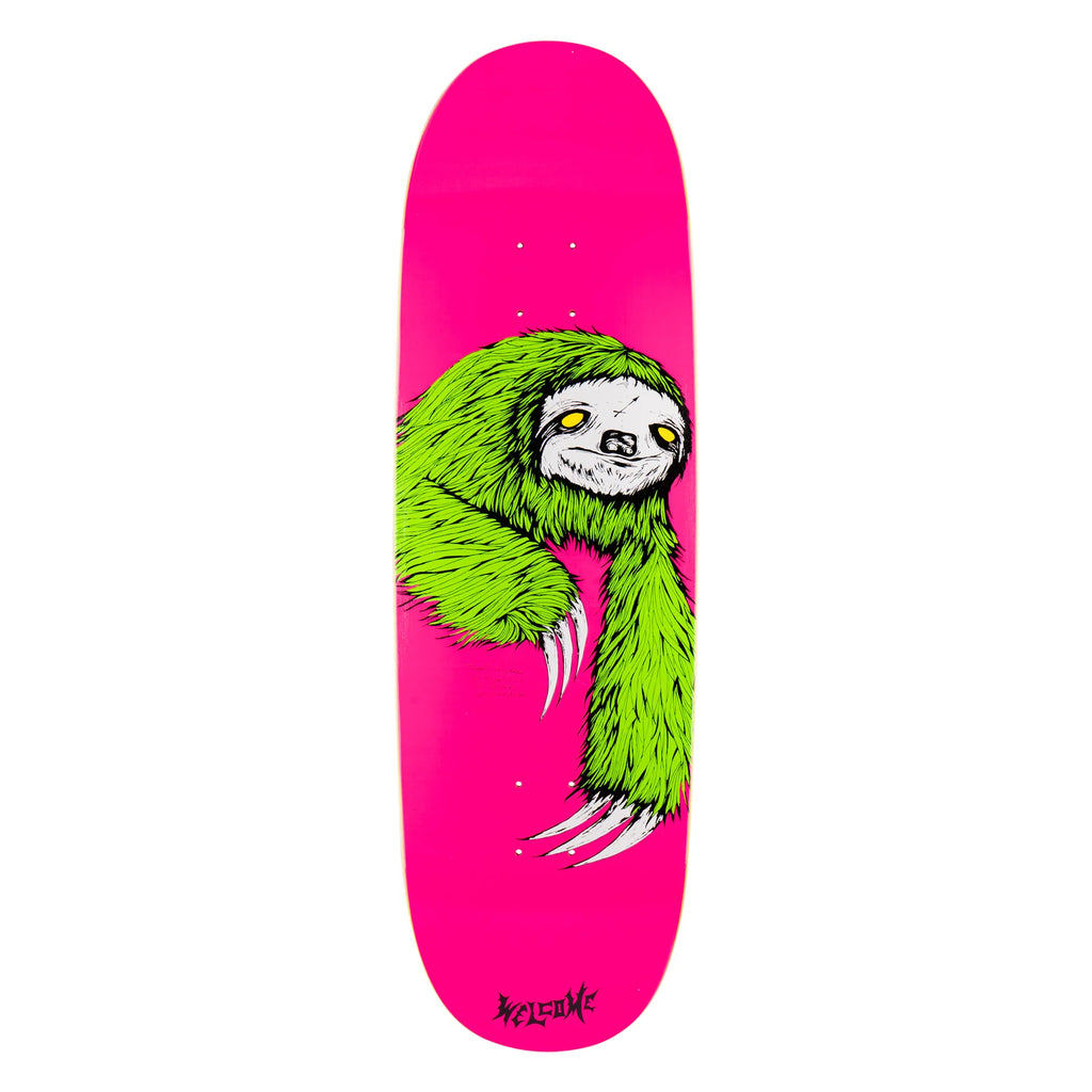 A pink skateboard with a neon green color joining a WELCOME SLOTH ON BOLINE 2.0.
