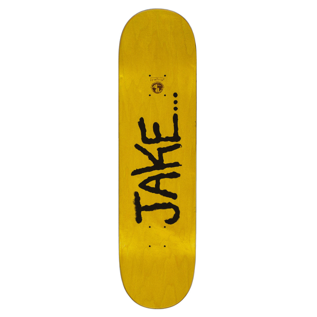 Yellow skateboard deck with the name "JAKE" written in large, black, graffiti-style letters, reminiscent of the bold designs seen in the FUCKING AWESOME JAKE ANDERSON BAT BOY collection from FUCKING AWESOME.