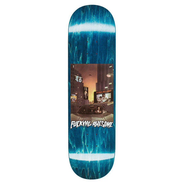 A FUCKING AWESOME AVE CITY DRIVE skateboard deck with a 14.25" wheel base, featuring a central graphic of a car in a city scene, with "Fucking Awesome" text at the bottom.