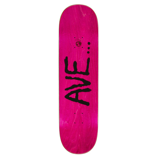 A bright pink skateboard deck with the words "FUCKING AWESOME AVE CITY DRIVE" written in large black letters across the center and a sleek wood veneer finish.