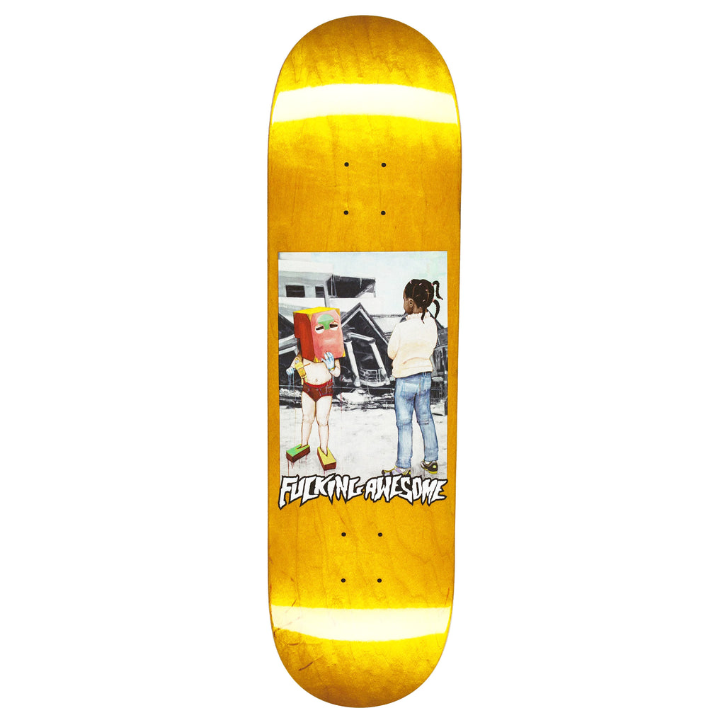 A FUCKING AWESOME DILL SON OF CONMAN yellow skateboard with a picture of a man and a woman.
