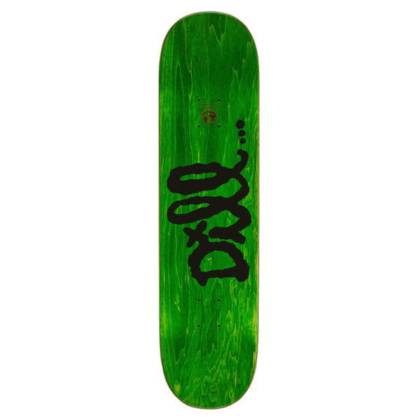 A green skateboard deck with a black abstract design in the center, part of the FUCKING AWESOME JASON DILL SPIRAL series. The wood grain and veneer are visible through the green stain, adding an extra layer of texture.